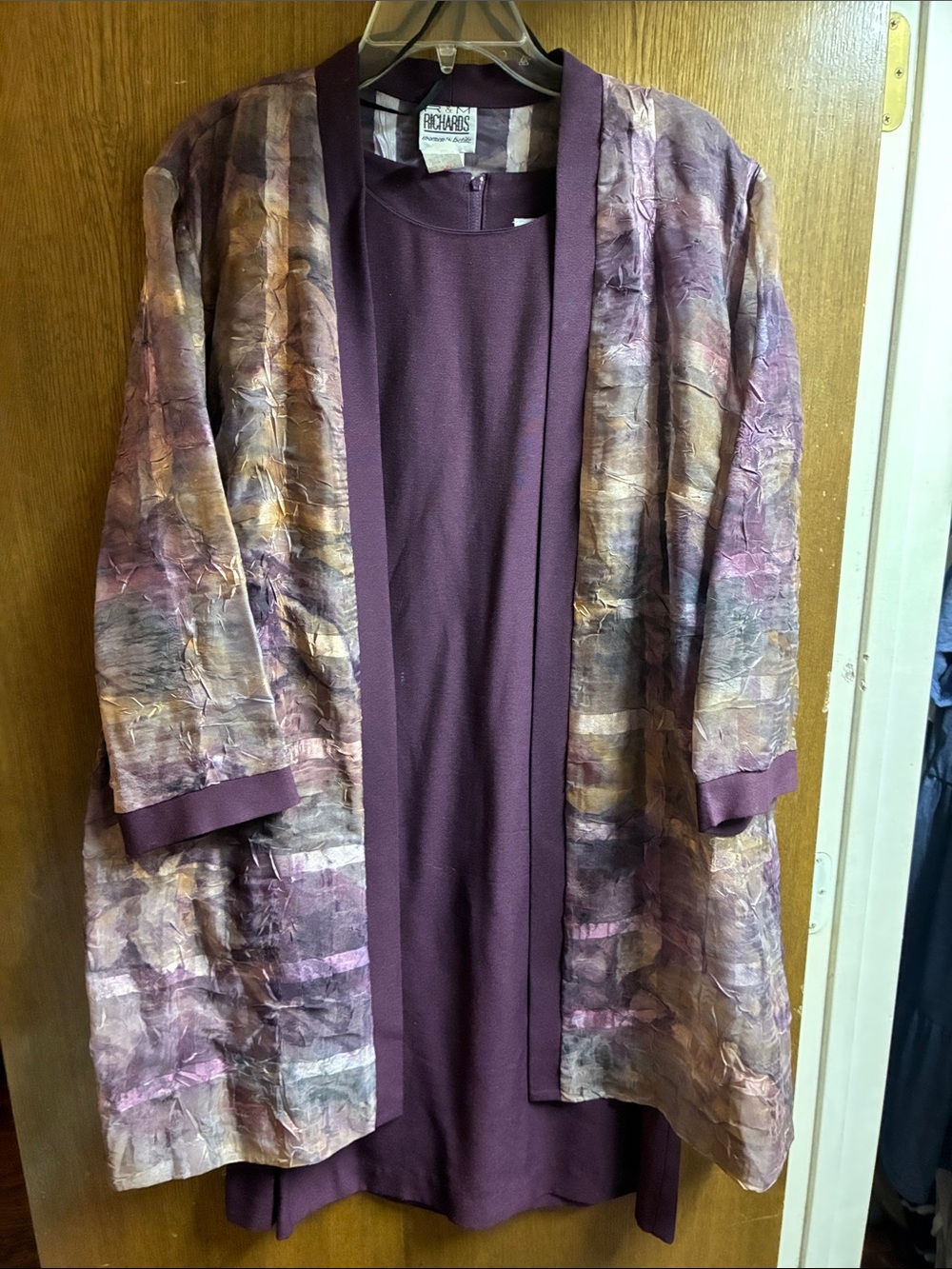 R & M Richards Plum Dress with Multi-Tone Open Cardigan petite